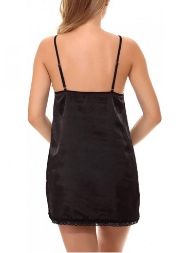 Sets Women's Satin Sleepwear Dress Set Silk Lace Short G-String Cami Chemise Nightgown - Black - CX18N72736W $53.81