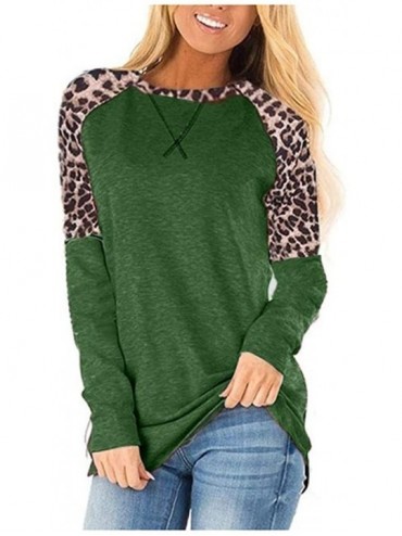 Thermal Underwear Women's Long Sleeve Leopard Printed Color Block Tunic Comfy Round Neck T Shirt Tops - Green - CY1932LLAIK $...