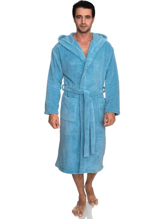 Robes Men's Robe- Plush Fleece Hooded Spa Bathrobe - Air Blue - C311HJ3J9CN $41.82