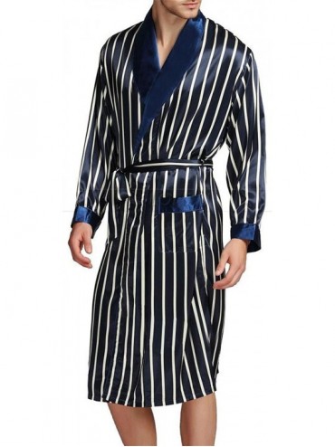 Robes Mens Silk Satin Pajamas Pajama Sleepwear Robe Robes Nightgown Robes S Plus Beige Blue Striped - Navy Blue - CA18E0IRRXQ...