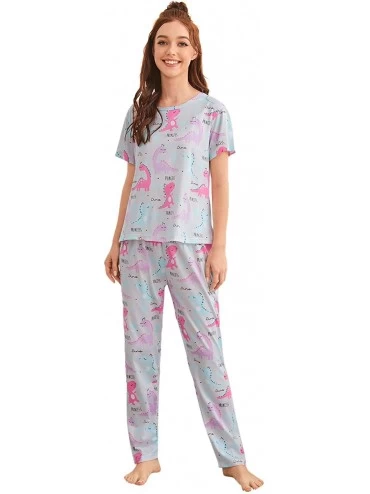 Sets Women's Cute Printed Pajama Set Short Sleeve Top and Pants with Eye Mask - Grey - CV196SCAY2N $35.21