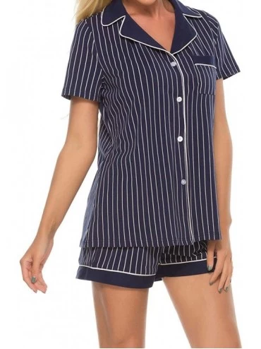 Sets Women's Pajamas Short Sleeve Set Soft Elegant Modal Sleepwear Pj Sets with Pocket - Navystripe - CL19CA6OZ8Q $26.78