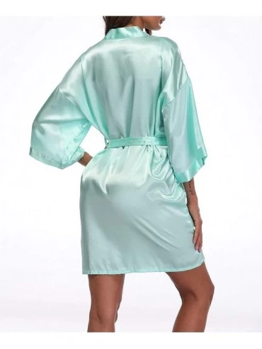 Robes Women's Satin Kimono Robes Short Silky Bathrobe Pure Color Robe for Wedding - Aquamarine - CF18NZX492G $14.98
