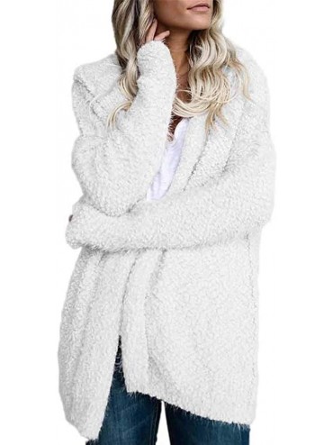 Thermal Underwear Women Casual Fuzzy Fleece Hooded Cardigan Pocket Faux Fur Outerwear Coat - White - C518YX6OE4Y $48.58