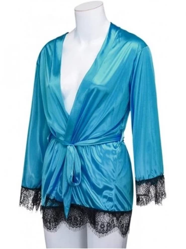 Robes Women Satin Nightdress Silk Lace Lingerie Nightgown Long Sleeve Sleepwear Sexy Short Robe Coat Kimono - Green - CR18NLG...