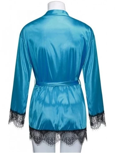 Robes Women Satin Nightdress Silk Lace Lingerie Nightgown Long Sleeve Sleepwear Sexy Short Robe Coat Kimono - Green - CR18NLG...