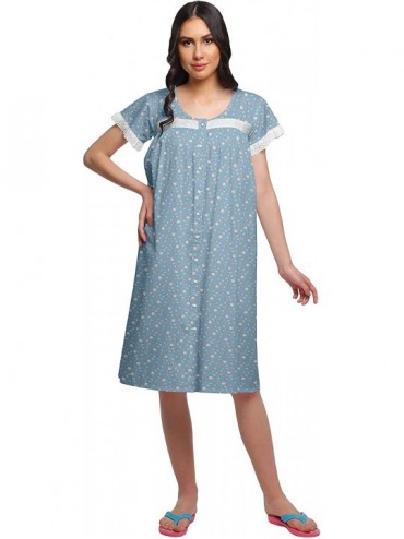 Nightgowns & Sleepshirts Nightwear for Women Printed Cotton Nightdress Knee Length Sleepwear - Steel Blue - CB18Z8AX0UQ $68.52