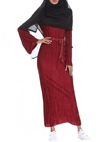 Robes Womens Maxi Dress Pencil Skirt Abaya Robes Islamic Sleeve Wrinkled Long Trumpet - Red - C41983KXC2Q $48.82