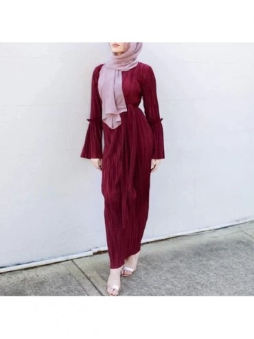 Robes Womens Maxi Dress Pencil Skirt Abaya Robes Islamic Sleeve Wrinkled Long Trumpet - Red - C41983KXC2Q $32.77