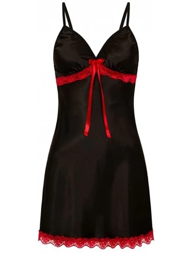 Baby Dolls & Chemises Women Plus Size Lace Bow Satin Nightgown Strap Lingerie Dress Babydoll - Black - C418MCR8ISE $20.12