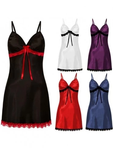 Baby Dolls & Chemises Women Plus Size Lace Bow Satin Nightgown Strap Lingerie Dress Babydoll - Black - C418MCR8ISE $13.78