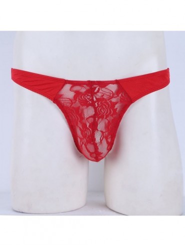 G-Strings & Thongs Mens Sissy Floral Lace Thong Briefs Lingerie Low Rise Bulge Pouch Bikini G-String Underwear - Red - CS18LH...