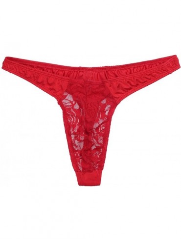 G-Strings & Thongs Mens Sissy Floral Lace Thong Briefs Lingerie Low Rise Bulge Pouch Bikini G-String Underwear - Red - CS18LH...
