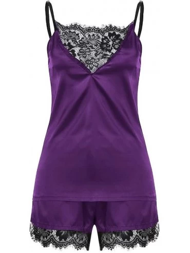 Sets Women Sleepwear Sleeveless Strap Nightwear Lace Trim Satin Cami Top Pajama Sets - Purple - CS199UTWS6R $9.23