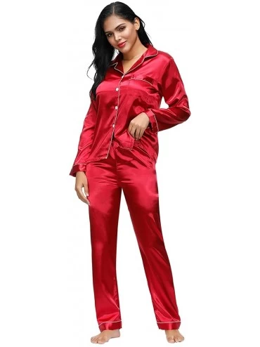 Nightgowns & Sleepshirts Womens Silk Satin Pajamas Set Long Sleeve Button Down Sleepwear Loungewear M-5XL - Red - C3192UWG7K5...