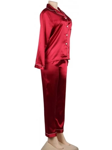 Nightgowns & Sleepshirts Womens Silk Satin Pajamas Set Long Sleeve Button Down Sleepwear Loungewear M-5XL - Red - C3192UWG7K5...