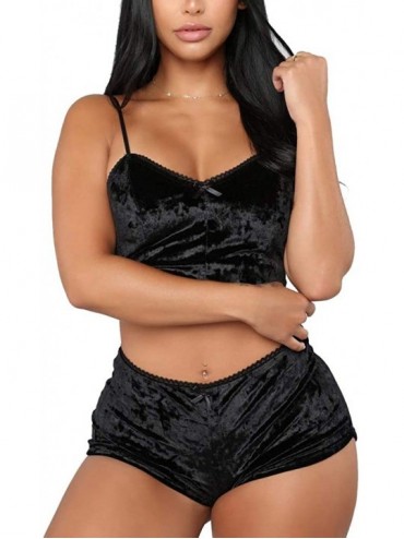 Sets Womens 2 Piece Short Sets Outfit Sexy Solid Velvet Spaghetti Strap Crop Top+Shorts Pajamas Sleep Lounge Wear Black - CF1...