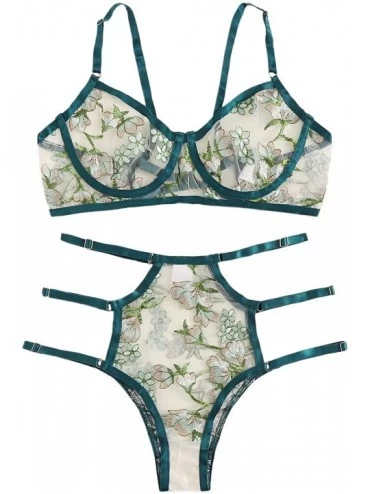 Bras Women Sexy Floral Embroidered Sheer Mesh Bralettes Bra and Panty Lingerie Set - Green - CM18Z95C5RU $13.18