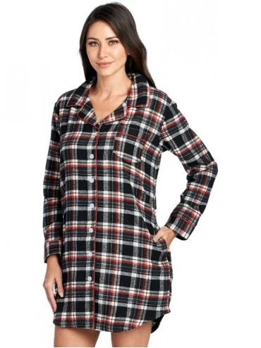 Nightgowns & Sleepshirts Women's Flannel Plaid Sleep Shirt Button Down Nightgown - Black Ivory - CH18EE3MTNA $60.60