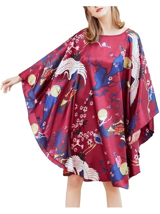 Nightgowns & Sleepshirts Women's Floral Satin Nightgown Loose Fit Silky Lingerie Short Luxury Sleep Dress - Burgendy - CA18WQ...