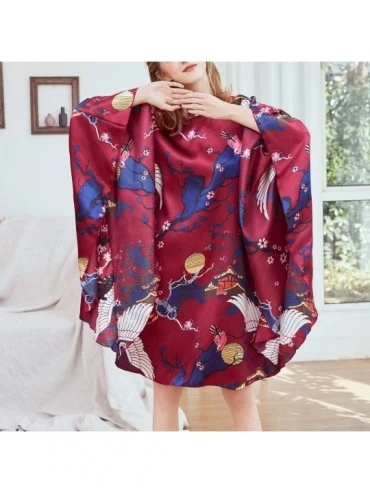Nightgowns & Sleepshirts Women's Floral Satin Nightgown Loose Fit Silky Lingerie Short Luxury Sleep Dress - Burgendy - CA18WQ...