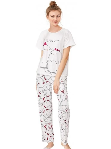 Sets Women's Cartoon Print Top and Polka Dots Pants Pajama Set - White - CG18CO7TNCI $43.77