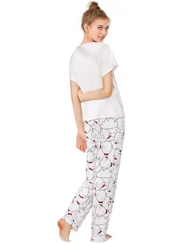 Sets Women's Cartoon Print Top and Polka Dots Pants Pajama Set - White - CG18CO7TNCI $28.01