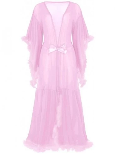 Robes Women's Flare Sleeves Feather Bridal Robe Nightgown Tulle Illusion Long Wedding Scarf - Lavender Pink - CW18OSRQGY6 $60.28