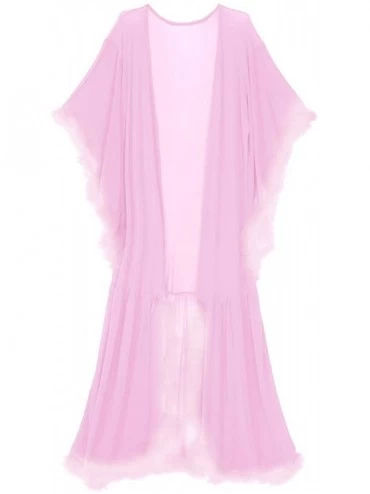 Robes Women's Flare Sleeves Feather Bridal Robe Nightgown Tulle Illusion Long Wedding Scarf - Lavender Pink - CW18OSRQGY6 $37.57