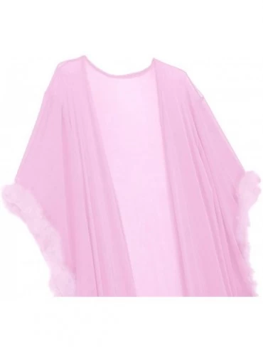 Robes Women's Flare Sleeves Feather Bridal Robe Nightgown Tulle Illusion Long Wedding Scarf - Lavender Pink - CW18OSRQGY6 $37.57
