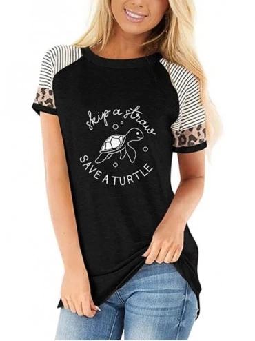 Slips Women's Summer Tops Casual Short Sleeve Shirt Round Neck Leopard Letter Printed Short Sleeve T-Shirt Casual Tops - Blac...