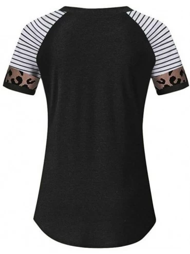 Slips Women's Summer Tops Casual Short Sleeve Shirt Round Neck Leopard Letter Printed Short Sleeve T-Shirt Casual Tops - Blac...