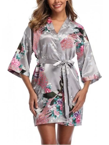 Robes Women's Satin Bridesmaid Kimono Robes Short Peacock and Floral Bathrobe - Grey - CD18TUN23RX $14.77