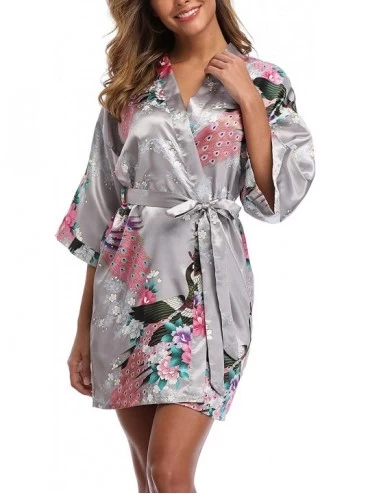 Robes Women's Satin Bridesmaid Kimono Robes Short Peacock and Floral Bathrobe - Grey - CD18TUN23RX $14.77