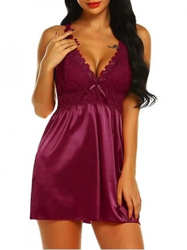 Sets Plus Size Bow Lace Sleepwear Lingerie Temptation Babydoll Underwear Nightdress - A Red - CS195XWGDL5 $26.29