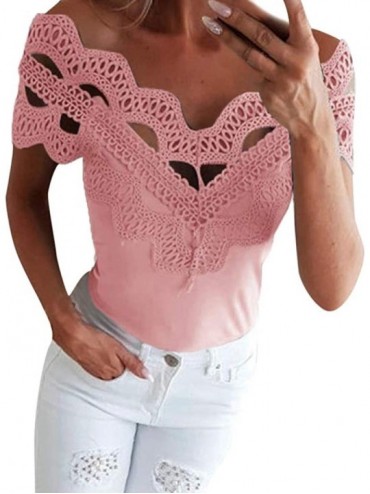 Thermal Underwear Women's Off Shoulder T Shirt Ladies Sexy Lace Patchwork V Neck Summer Short Sleeve Slim Tops Blouse - Pink ...