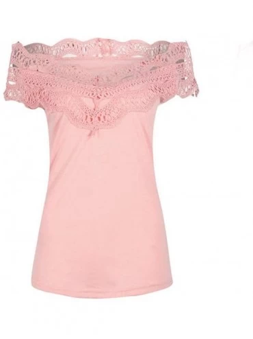 Thermal Underwear Women's Off Shoulder T Shirt Ladies Sexy Lace Patchwork V Neck Summer Short Sleeve Slim Tops Blouse - Pink ...