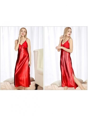 Nightgowns & Sleepshirts Womens Plus Size Imitation Silk Long Nightgown Lace Satin Sleepwear Sleeveless Chemise Deep V Neck N...