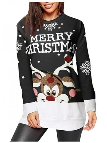 Thermal Underwear Women Christmas Elk Snowflake Print Tops Round Neck Long Sleeve T-Shirt Xmas Cute Pullover Sweatshirt - Bla...