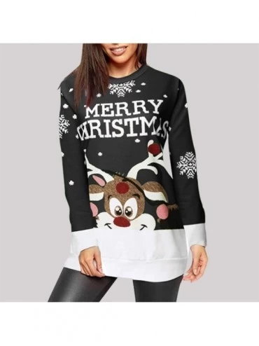 Thermal Underwear Women Christmas Elk Snowflake Print Tops Round Neck Long Sleeve T-Shirt Xmas Cute Pullover Sweatshirt - Bla...