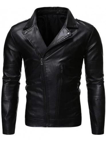 Thermal Underwear Men's Fashion Leather Jacket Lapel Collar Faux Leather Coat Lightweight Slim Fit Outwear with Zip Cuff - Bl...