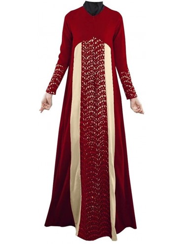 Robes Womens Muslim Islamic Middle East Lace Long Dress Kaftan Abaya - Wine Red - CZ19DCXI9G9 $72.61