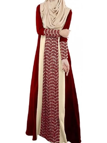 Robes Womens Muslim Islamic Middle East Lace Long Dress Kaftan Abaya - Wine Red - CZ19DCXI9G9 $26.80