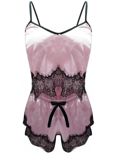 Sets Womens Sexy Deep V Neck Lingerie Sleepwear Lace Hem Satin Strappy Cami Tops & Shorts Pajama Set Silk Nightwear Pink - CS...