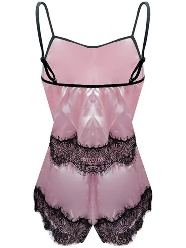 Sets Womens Sexy Deep V Neck Lingerie Sleepwear Lace Hem Satin Strappy Cami Tops & Shorts Pajama Set Silk Nightwear Pink - CS...