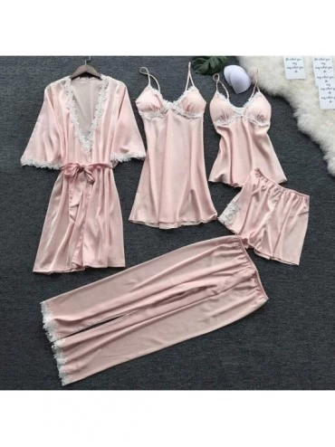 Garters & Garter Belts Women Lingerie Sexy Lace Nightwear Underwear Babydoll Sleepwear Dress 5 Piece Set Suit - Pink - CS193E...