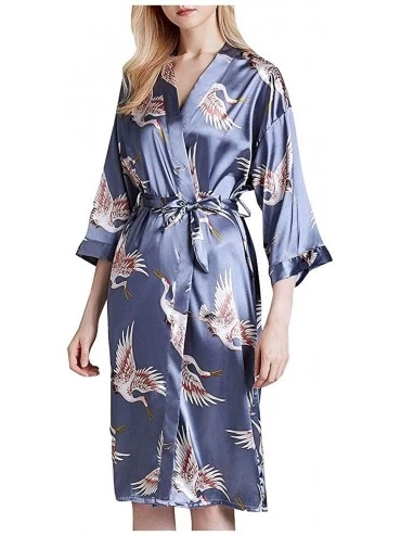 Robes Printed Chiffon Bathrobe Kimono for Women Wedding Bride Bridesmaid Nightgown Robe with Belt - Blue - C3197SLMS53 $41.39