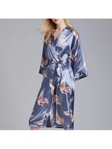 Robes Printed Chiffon Bathrobe Kimono for Women Wedding Bride Bridesmaid Nightgown Robe with Belt - Blue - C3197SLMS53 $21.24