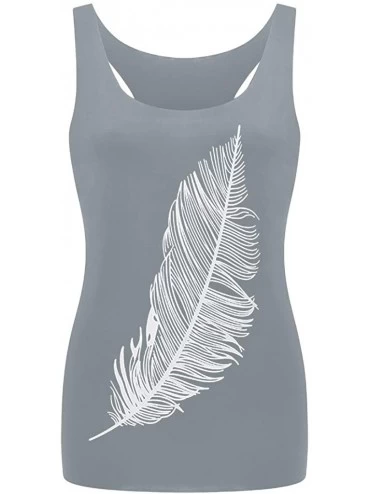 Camisoles & Tanks Women's Feather Print Tank T-Shirt-Ladies Summer Basic Long Vest Workout Fitness Tee Top(S-5XL) - Gray - C2...