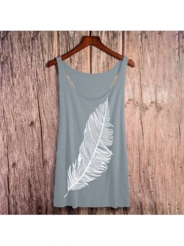Camisoles & Tanks Women's Feather Print Tank T-Shirt-Ladies Summer Basic Long Vest Workout Fitness Tee Top(S-5XL) - Gray - C2...